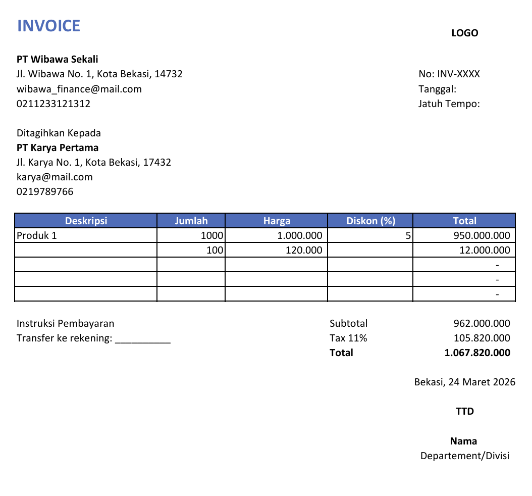 Template invoice excel profesional gratis untuk bisnis dan perusahaan
