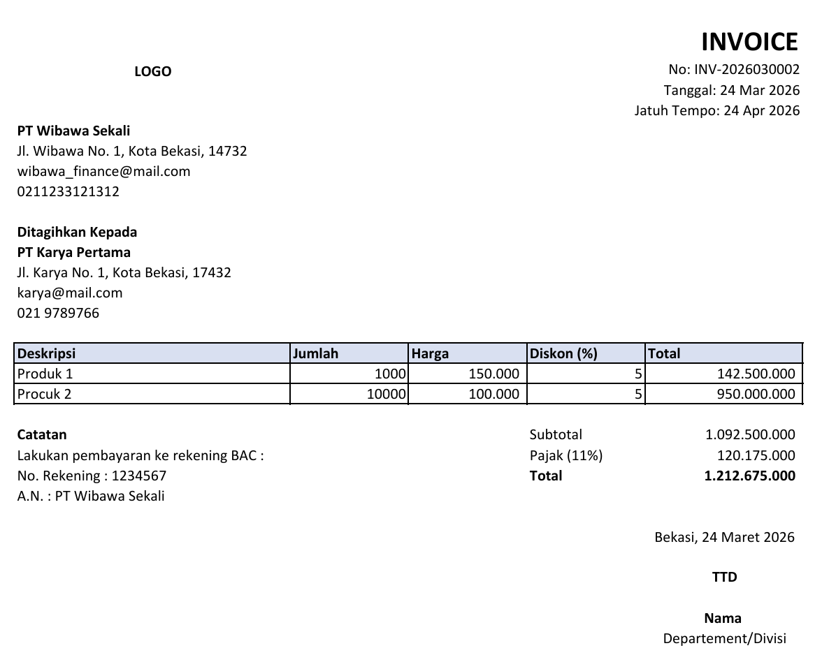 Template invoice excel sederhana gratis untuk UMKM